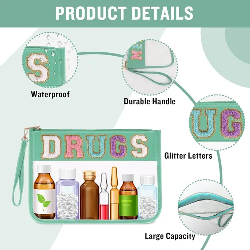 Miniatura 3 de Iqimott Bolsa de parche de felpilla con letras MEDS transparente, bolsa de maquillaje portátil de preparación para mujeres y niñas, viajes, bolsa