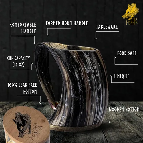 Miniatura 3 de FENRIR Taza de cuerno vikingo de 16 onzas con vaso de chupito, regalos vikingos para hombres y mujeres, abridor de botellas, jarra de cuerno de buey