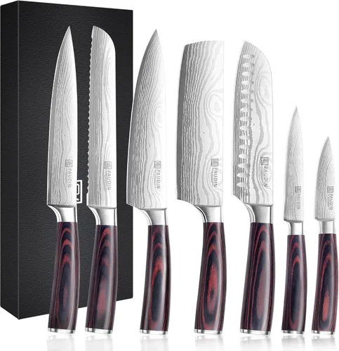 PAUDIN - Juego de cuchillos de chef, 7 piezas de juego de cuchillos de cocina, acero inoxidable de alto carbono, juego de cuchillos ultra afilados,