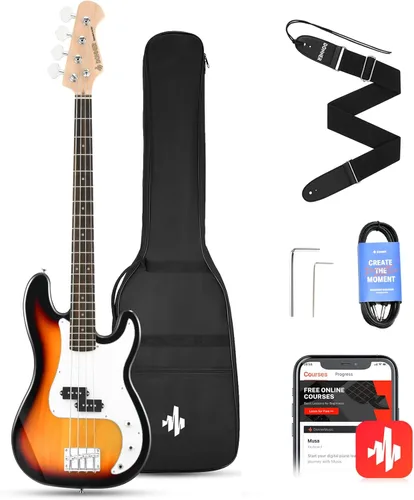 Miniatura 11 de Donner Guitarra eléctrica de bajo de 4 cuerdas tamaño completo estilo estándar PB para principiantes color negro para principiantes con lección