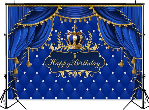 Miniatura 2 de Mocsicka Telón de fondo de cumpleaños azul rey, fondo de cortina de corona de príncipe azul dorado, decoración para fiesta de cumpleaños de niño