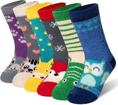 Calcetines peludos para niños, antideslizantes, suaves y esponjosos, calcetines cálidos de felpa acogedora para niños y niñas, 6 pares