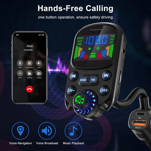 Miniatura 4 de Transmisor FM Bluetooth 5.3 para coche SOARUN Adaptador Bluetooth para automóvil PD30W y puerto USB, carga rápida, reproductor de agudos y graves