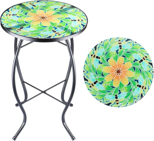 VCUTEKA Mesa Auxiliar para Exteriores Mesa Auxiliar de Mosaico Mesa Auxiliar para Patio Mesa Auxiliar Pequeña con Tapa de Vidrio Mesa de Centro