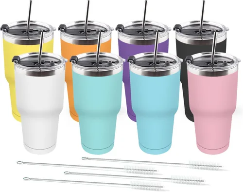 Amtidy Paquete de 8 tazas de viaje de 30 onzas, vaso de acero inoxidable recubierto de polvo de doble pared a granel, taza de café aislada duradera
