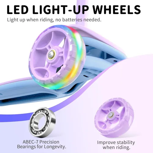 Miniatura 5 de BELEEV Patinete A8 para niños de 3 a 12 años, scooter plegable de 3 ruedas para niños y niñas, ruedas con luz LED, 4 alturas ajustables, inclinación
