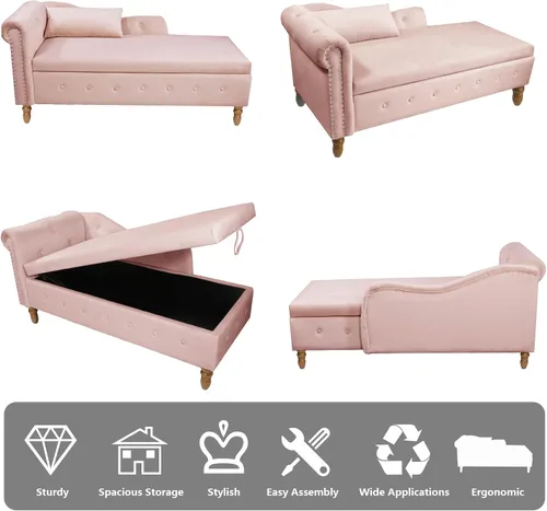 Miniatura 7 de Aoowow Banco de almacenamiento de terciopelo rosa para dormitorio, extremo de la cama, sofá con brazo enrollado, tumbona para interiores con Rosa 58