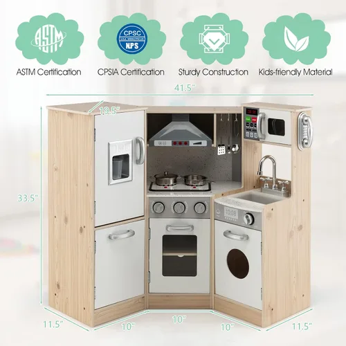 Miniatura 6 de Costzon Juego de cocina para niños, cocina de juego de simulación de madera 9 en 1 con luz y sonido realistas, máquina de hielo, lavadora