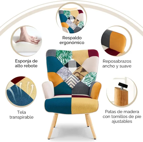 Miniatura 5 de Silla de Acento, Silla de Sala de Estar, Sillón Moderno de Respaldo Alto, Sillas de Lectura de Patchwork Colorido para Dormitorio, Silla de Descanso