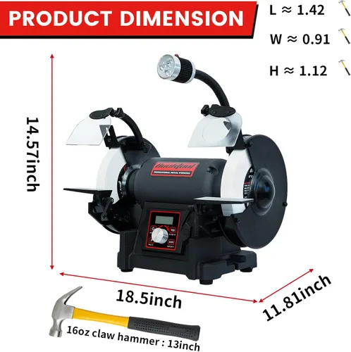 Miniatura 4 de Bucktool Amoladora de banco de velocidad variable VFD de 8 pulgadas, amoladora de rueda profesional sin tambaleo de potencia 1HP con conmutación