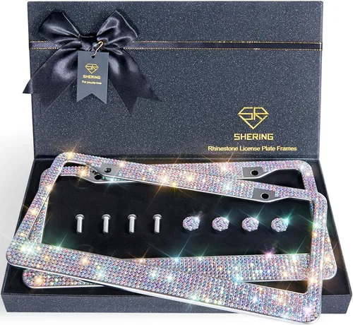 Miniatura 5 de Shering Marco de matrícula brillante, paquete de 2 marcos de matrícula con caja de regalo de primera calidad para mujeres, marcos de matrícula