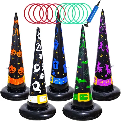 Poptrend Paquete de 5 juguetes de Halloween, juegos inflables de sombrero de bruja para lanzar anillos, juego inflable de lanzamiento de anillos con