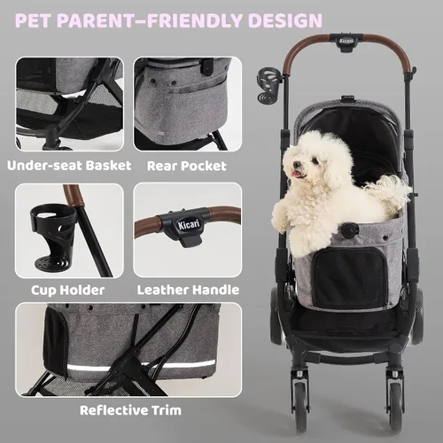 Miniatura 9 de Cochecito todo terreno para perros pequeños a medianos, cochecito para mascotas para perros y gatos, paseos al aire libre, fácil plegado con una