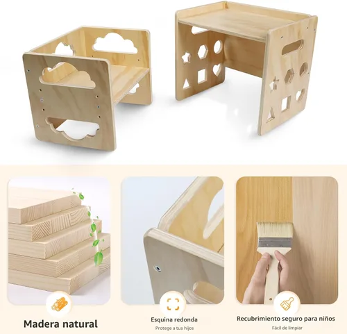 Miniatura 8 de Satisure Juego de Mesa y Silla de Destete Montessori, Juego de Mesa y Silla de Madera para Niños Pequeños, Mesa y Sillas para Niños de 1-3 Años
