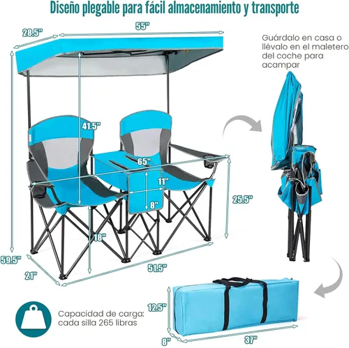 Miniatura 3 de Safstar Silla doble de campamento y playa plegable con toldo para sombra para 2 personas, con mesa pequeña para bebidas y bolsa de transporte