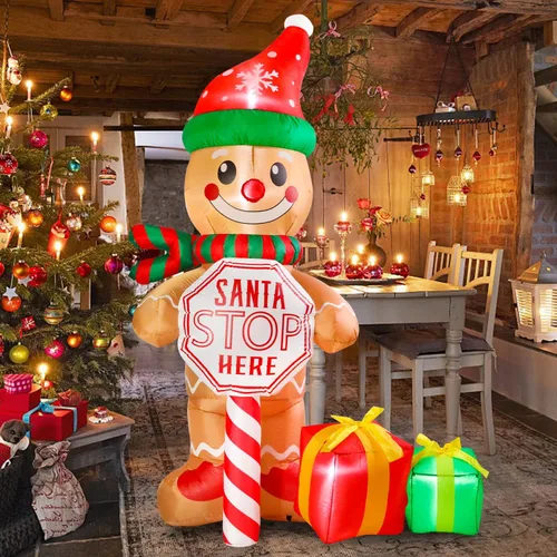 Miniatura 5 de Letrero de 7.5 pies "Santa Stop Here" Hombre de Jengibre Inflable de Navidad con Luces LED, Decoraciones Inflables para Patio Exterior, Césped