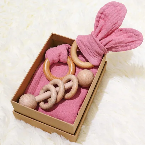 Miniatura 8 de Baby Lovey, sonajero de madera, anillo de mordedor, paquete de 3 unidades, regalo Montessori, azul marino, algodón, gasa doble, baby shower, regalo