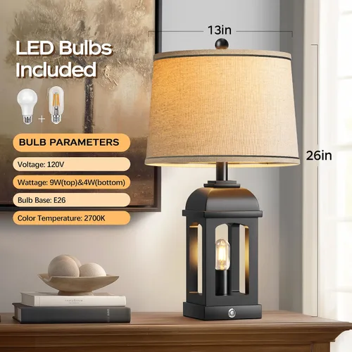 Miniatura 5 de QiMH Lámpara de mesa para sala de estar, lámparas de granja con USB A+C y luz nocturna, lámparas de noche rústicas de 26" con control táctil