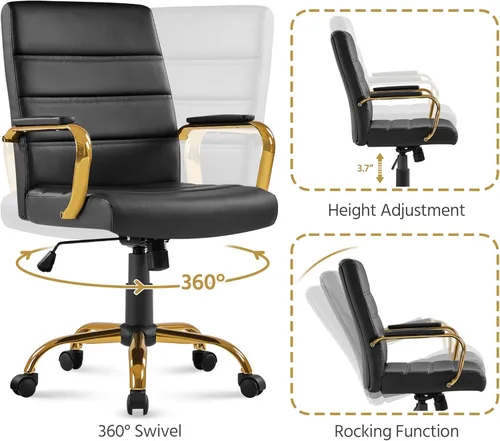 Miniatura 8 de Topeakmart Silla de escritorio de oficina Silla ejecutiva de cuero sintético ajustable con marco dorado asiento negro Negro y dorado