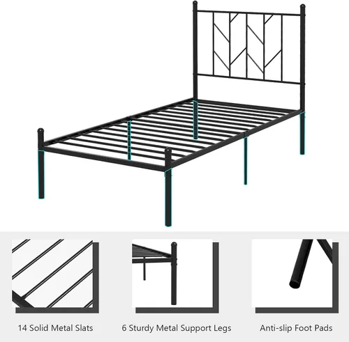 Miniatura 7 de Giantex Base de cama de metal negro individual con cabecera de estilo victoriano, marco de cama de plataforma de 12.5 pulgadas con soporte de 14