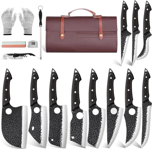 TAN REN 17 piezas de juego de cuchillos de carnicero con bolsa, juego de cuchillos de BBQ de acero de alto carbono para cortar carne, cuchillos de