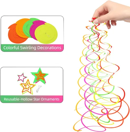 Miniatura 6 de 54 piezas de guirnaldas de papel en espiral colgantes UV con estrellas de neón, serpentinas brillantes, suministros y decoraciones de fiesta UV