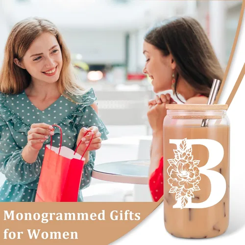 Miniatura 3 de Taza de Vidrio Inicial Coolife, Regalos Personalizados para Mujeres, Tazas de Vidrio de 16 oz con Tapas y Popotes, Vaso para Café Helado, Licuado