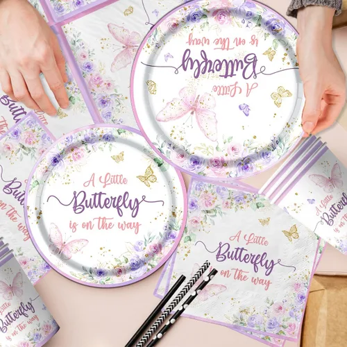 Miniatura 4 de Juego de vajilla de mariposa para baby shower, con diseño de mariposa con texto en inglés «A Little Butterfly Is On Her Way»