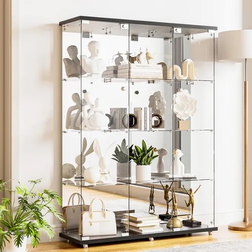 Vitrina de cristal con 12 estantes con 3 columnas, dos puertas y columna abierta central, cerradura y espejo, estantería de vidrio templado de 0.197
