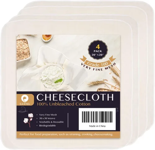 Paño de queso precortado, 20 x 20 pulgadas, paquete de 4, grado 100, paño de queso ultra fino para colar y cocinar, paño de algodón 100% sin