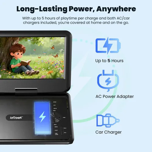Miniatura 3 de ieGeek Reproductor de DVD portátil de 11.5 pulgadas para niños y automóvil, pantalla de protección ocular de 9.5 pulgadas con batería recargable