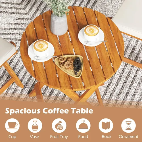 Miniatura 7 de HAPPYGRILL Juego de mesa y silla de 3 piezas con cojines plegables de madera y mesa auxiliar para balcón, jardín, patio trasero Blanco