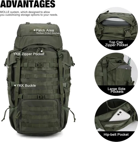Miniatura 3 de Mardingtop 70L Mochila con armazón interno para caza, camping, senderismo; mochila con cubierta para la lluvia Verde (Ranger Green)