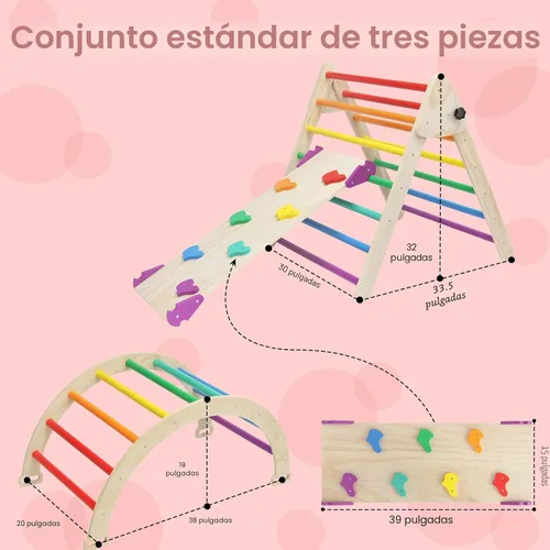 Miniatura 3 de Juego de Triángulo Pikler 5 en 1, Parque Infantil Interior y Gimnasio para Niños, Juego de Escalada Montessori de Madera Plegable Conjunto
