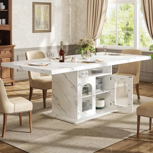 Miniatura 11 de HSH Mesa de comedor negra para 4 a 6, moderna mesa de comedor de cocina con estante de almacenamiento de 3 niveles y gabinete de puerta acrílico
