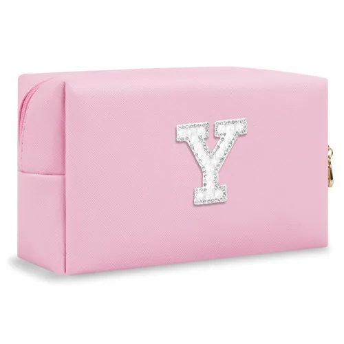 Miniatura 247 de Pequeña bolsa de maquillaje personalizada con inicial A-Z Preppy Patch, bolsa de cosméticos de viaje de felpilla blanca con cremallera, bonita bolsa