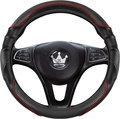Miniatura 3 de HighnessHwoo Funda 3D para volante de automóvil, agarre cómodo, masaje deportivo, antideslizante, de fibra de carbono, piel sintética para sedán