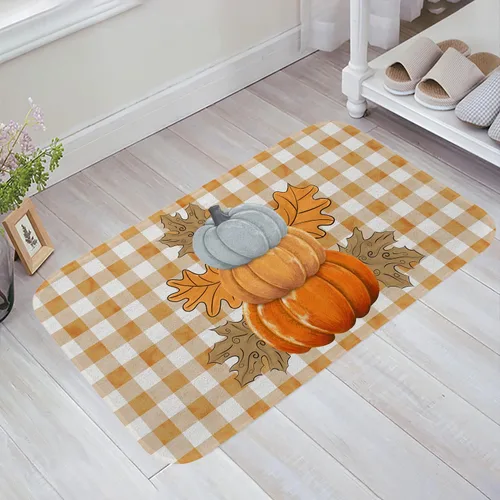 Miniatura 5 de Fukeen Alfombra de baño de calabaza a cuadros naranja – Alfombra de ducha antideslizante con hojas de arce para baño, dormitorio, hogar