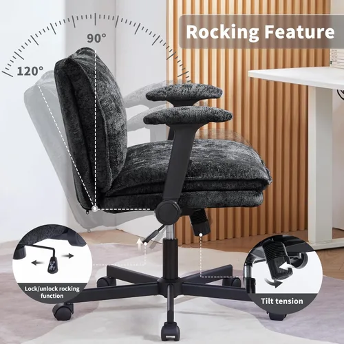 Miniatura 7 de FanciSpot Silla de oficina con patas cruzadas con ruedas y brazos abatibles ajustables, silla de escritorio cruzada con cojín grueso, silla de Negro