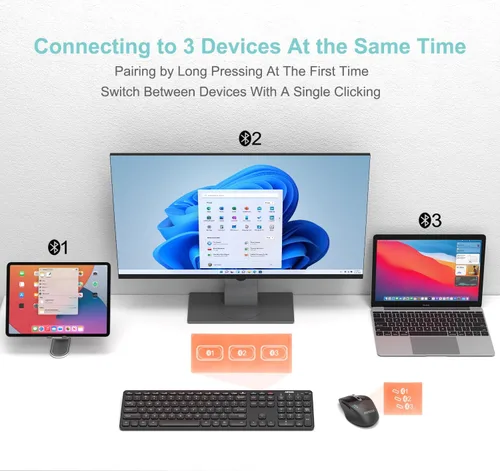 Miniatura 2 de Arteck Teclado y Ratón Bluetooth Universal Multidispositivo Teclado Bluetooth Inalámbrico de Tamaño Completo y Conjunto de Ratón Ergonómico