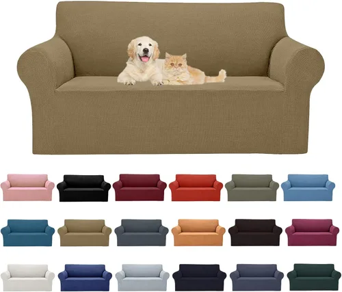 Miniatura 36 de Cupuamon Funda elástica para sofá de 1 plaza, funda protectora de muebles con parte inferior elástica de tela jacquard a cuadros pequeños para Beige