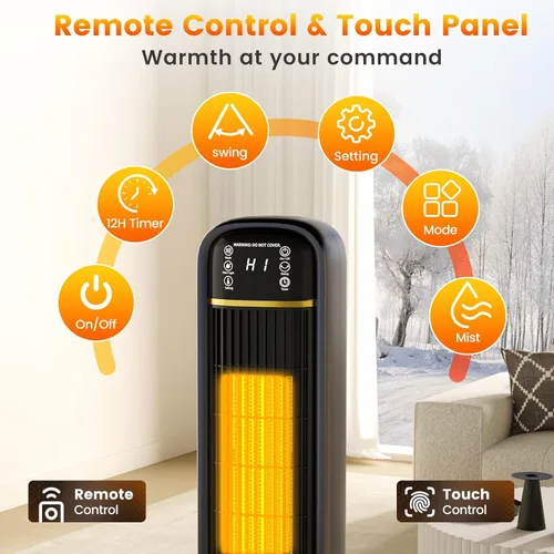 Miniatura 8 de Auertech Combo de calentador de espacio y ventilador de 35 pulgadas, calentador de torre de 1500 W con humidificador, tanque de agua de 1.75 L