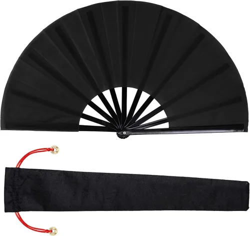 Nydotd Paquete de 1 abanico grande de mano plegables de nailon plegable con funda de soporte para hombres y mujeres, línea de actuación, danza, kung