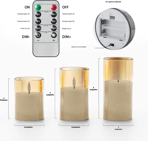 Miniatura 2 de VIODAIM Velas de cera real de cristal de hielo sin llama con control remoto y temporizador, velas operadas por baterías con llama parpadeante Dorado