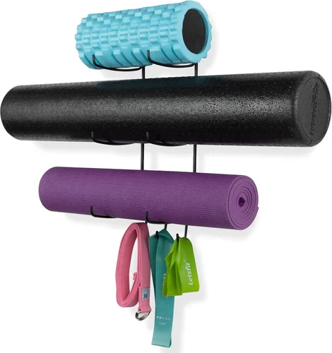 Wallniture Guru - Rodillo de espuma y toallero de pared con 3 ganchos para colgar correa de yoga y bandas de resistencia, metal de 3 secciones