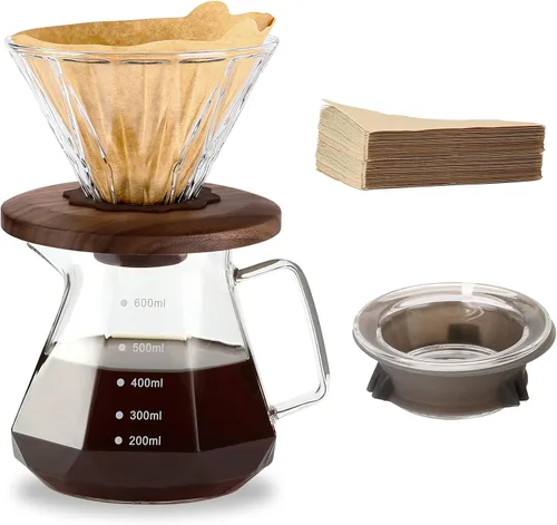 Cafetera de Café con Filtro de Papel, 20 oz, Jarra de Vidrio de Borosilicato con 100 Filtros Tamaño 02, Mango de Nogal y Tapa de Vidrio, 600 ml,