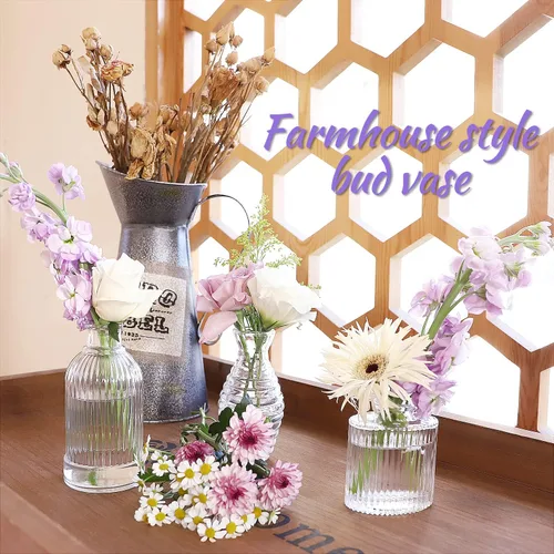Miniatura 7 de Juego de 12 jarrones de cristal para centros de mesa, pequeños jarrones para flores, florero transparente a rayas, jarrones modernos a granel