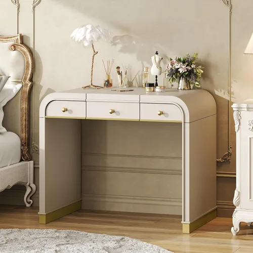 Miniatura 2 de Escritorio clásico de madera con espejo abatible, tocador 3 en 1 con 2 cajones y espacio de almacenamiento para dormitorio, champán
