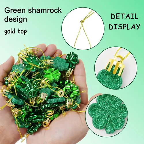 Miniatura 5 de Juego de adornos de tréboles del día de San Patricio, 48 piezas de trébol de la buena suerte, adornos colgantes decorativos de trébol verde