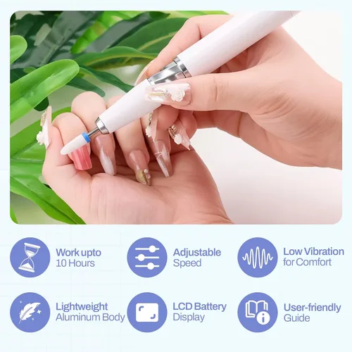 Miniatura 7 de M GEM - Taladro de uñas sin escobillas de 35 K RPM, máquina profesional inalámbrica Efile Lima de uñas eléctrica recargable con puntas Blanco